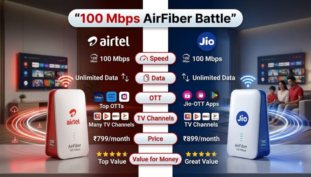 Airtel AirFiber 100 Mbps vs Jio AirFiber 100 Mbps